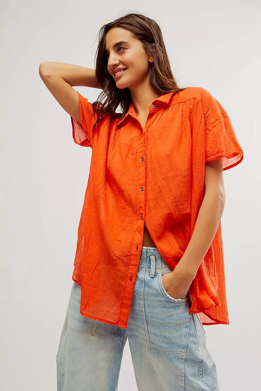 We The Free Float Away Cotton Crinkly Oversized Button Down Top XS